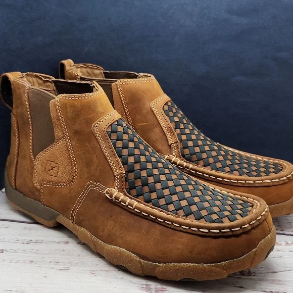Twisted X Chelsea Driving Moc 4 Woven Tan Blue Leather Men's Size 11.5